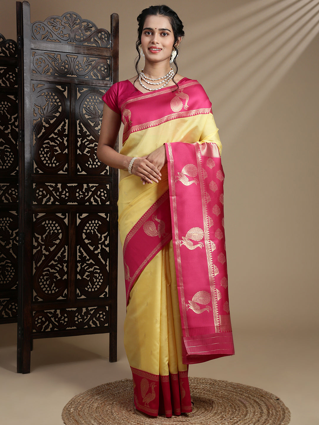 Women Yellow with Pink Border Soft Silk Saree SS392