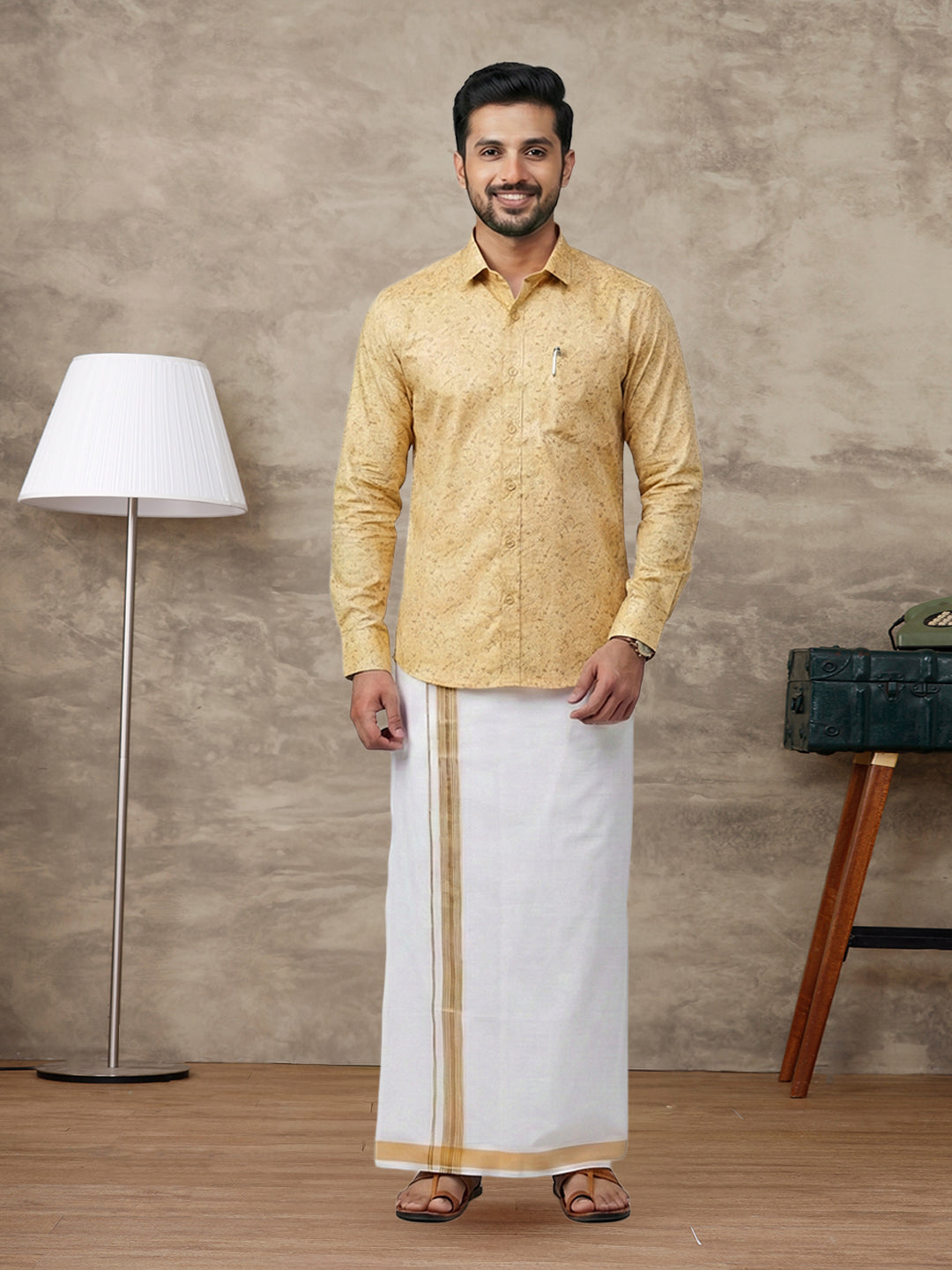 Like Father Like Son Matching Border Dhoti with Printed Shirt Combo Set Sandal PS21