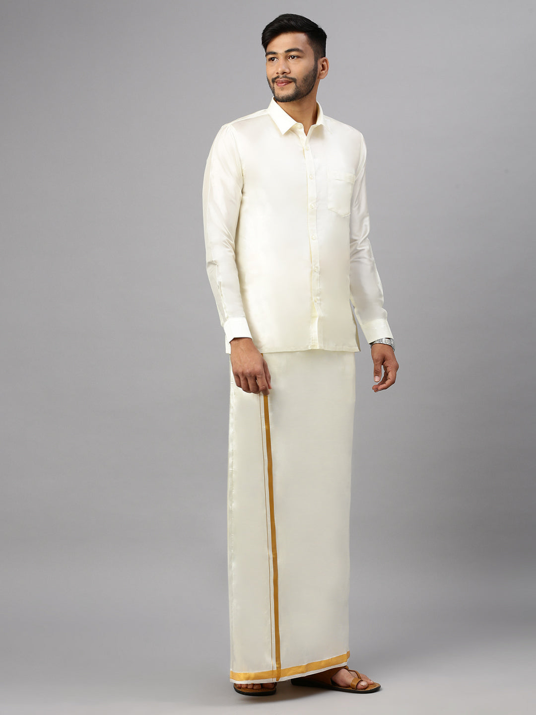 Men Art Silk Double Layer Cream Dhoti with Gold Jari Border Kara Yoga 50k