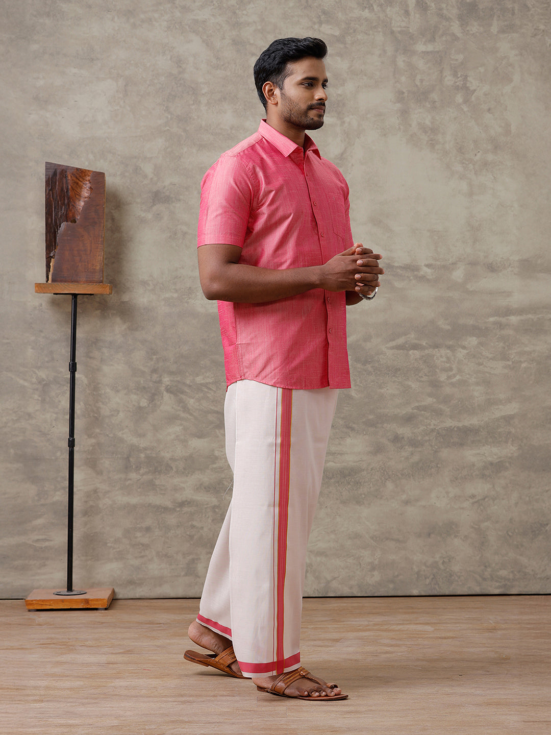 Men Cotton Blend Pink Shirt and Tissue Dhoti Set VB3