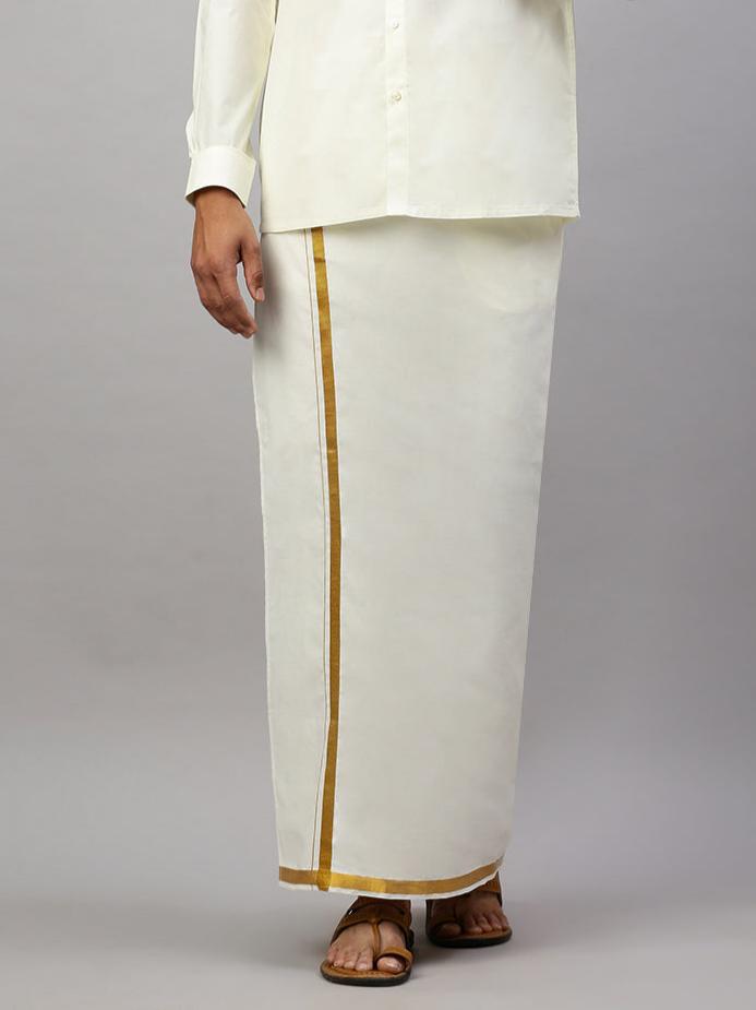 Men 100% Cotton Readymade Double Layer Cream Dhoti with Gold Jari Border