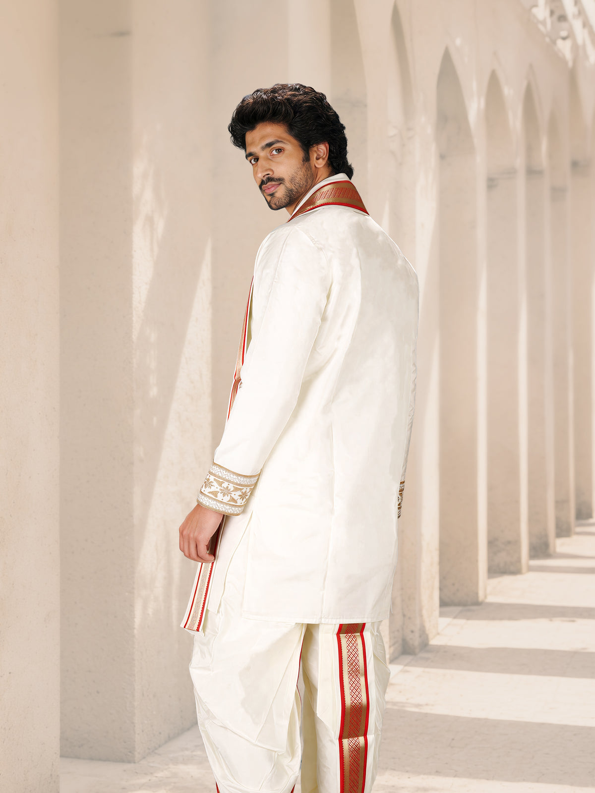 LAGNAA Premium Pure Silk Hand Embroidered Butterfly Motif Kurta, Panchakacham & Angavastram set with Banaras Red Border | Rathna Varman