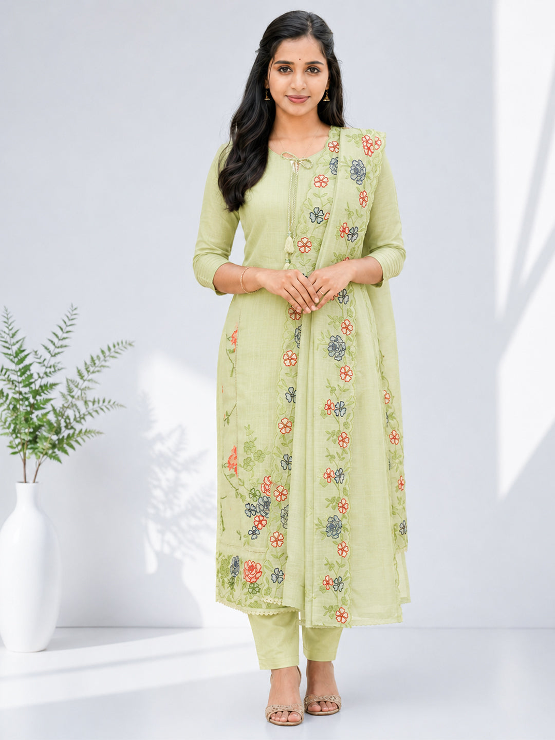 Women Embroidered Pista Green Kurti Set EKS143
