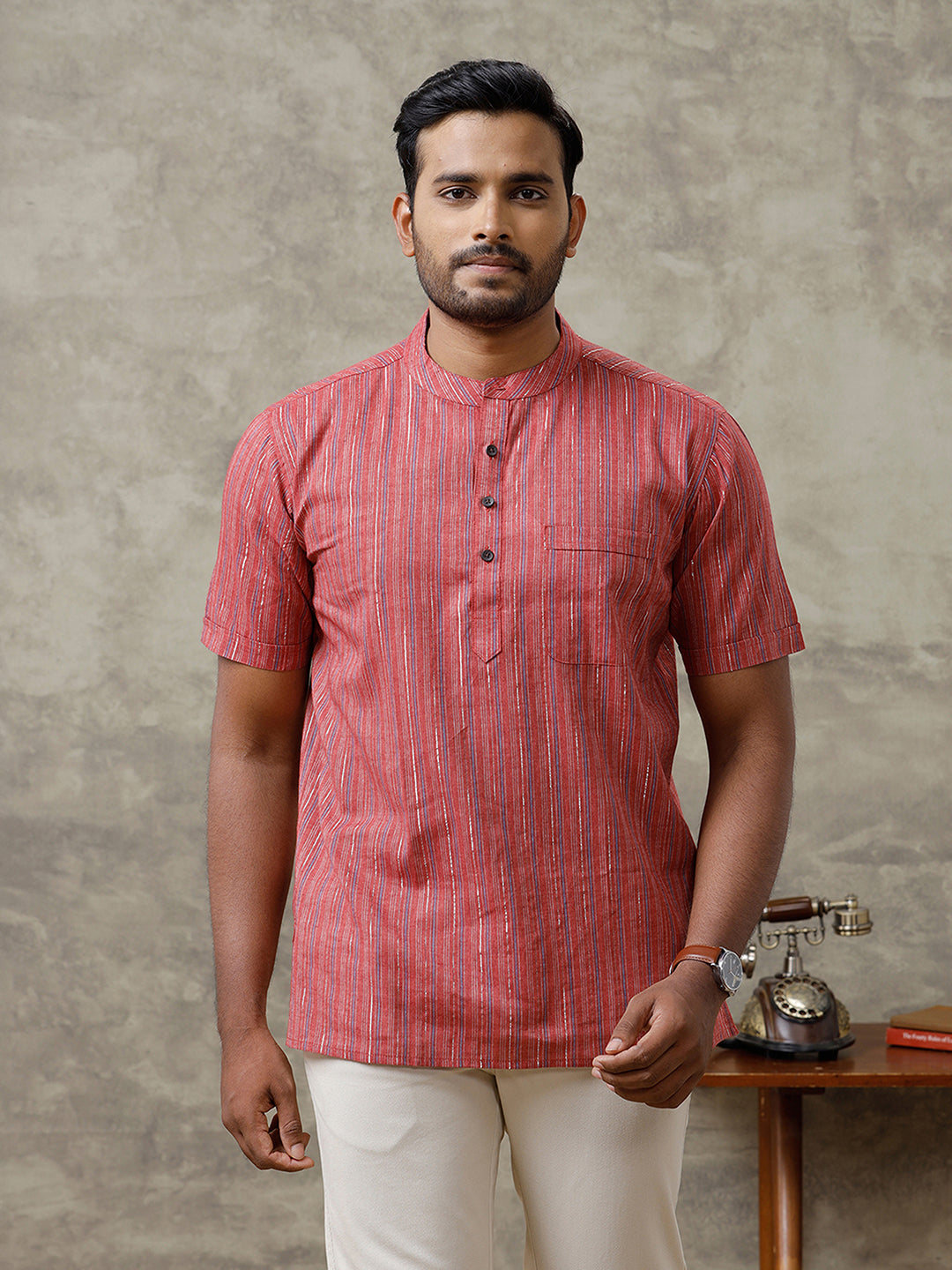 Men Cotton Short Length Striped Pocket Kurta Reddish Pink RH08