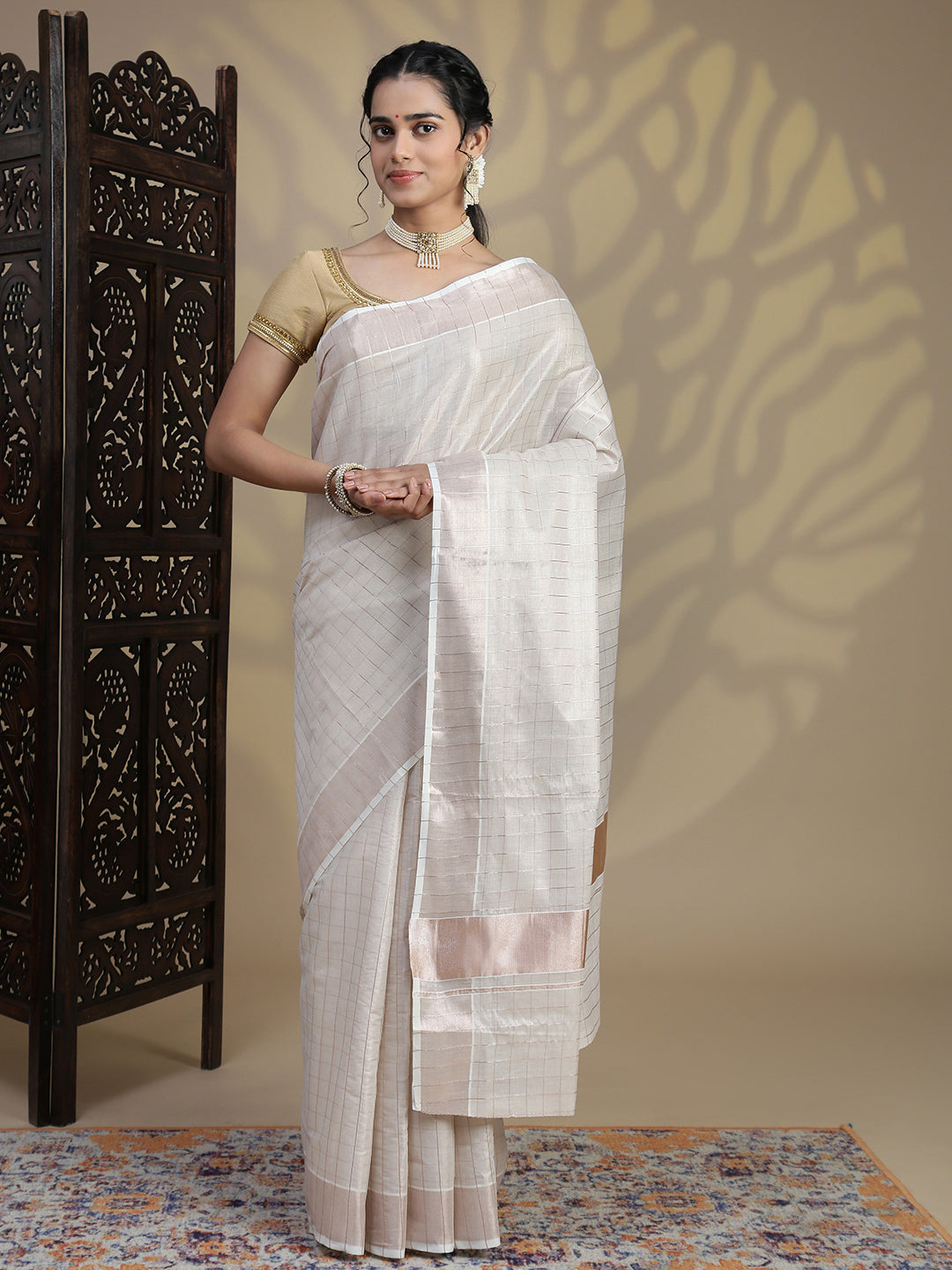 Women Kerala Tissue Checks Saree with Light Copper Border KS227