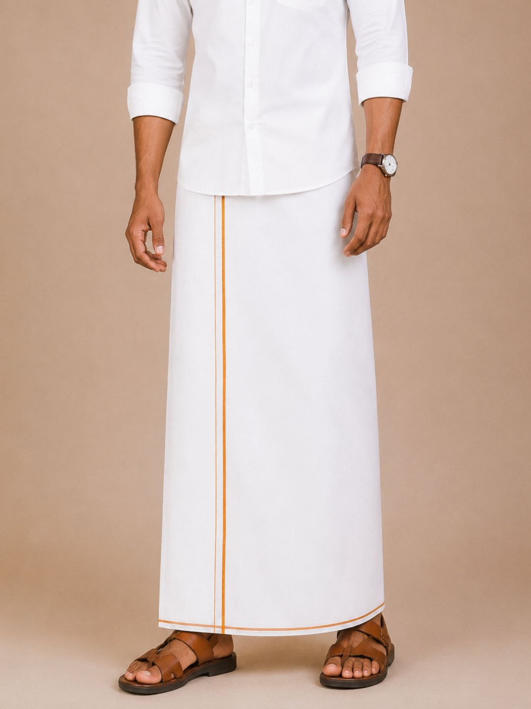 Men 100% Cotton Single Layer White Dhoti with Small Border Moontex MT01