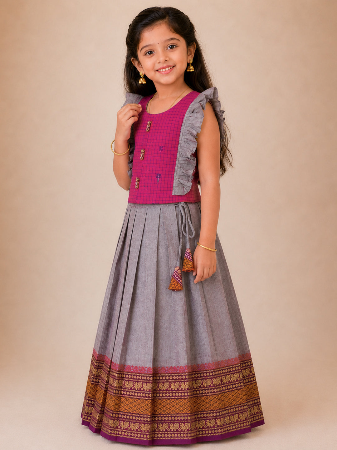 Girls Cotton Pink with Violet Pattu Pavadai Set GPS50
