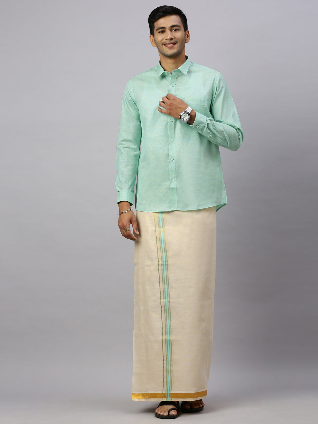 Mens Macho Mint Green Matching Border Dhoti  With Full & Half Sleeves Shirt Set CCB