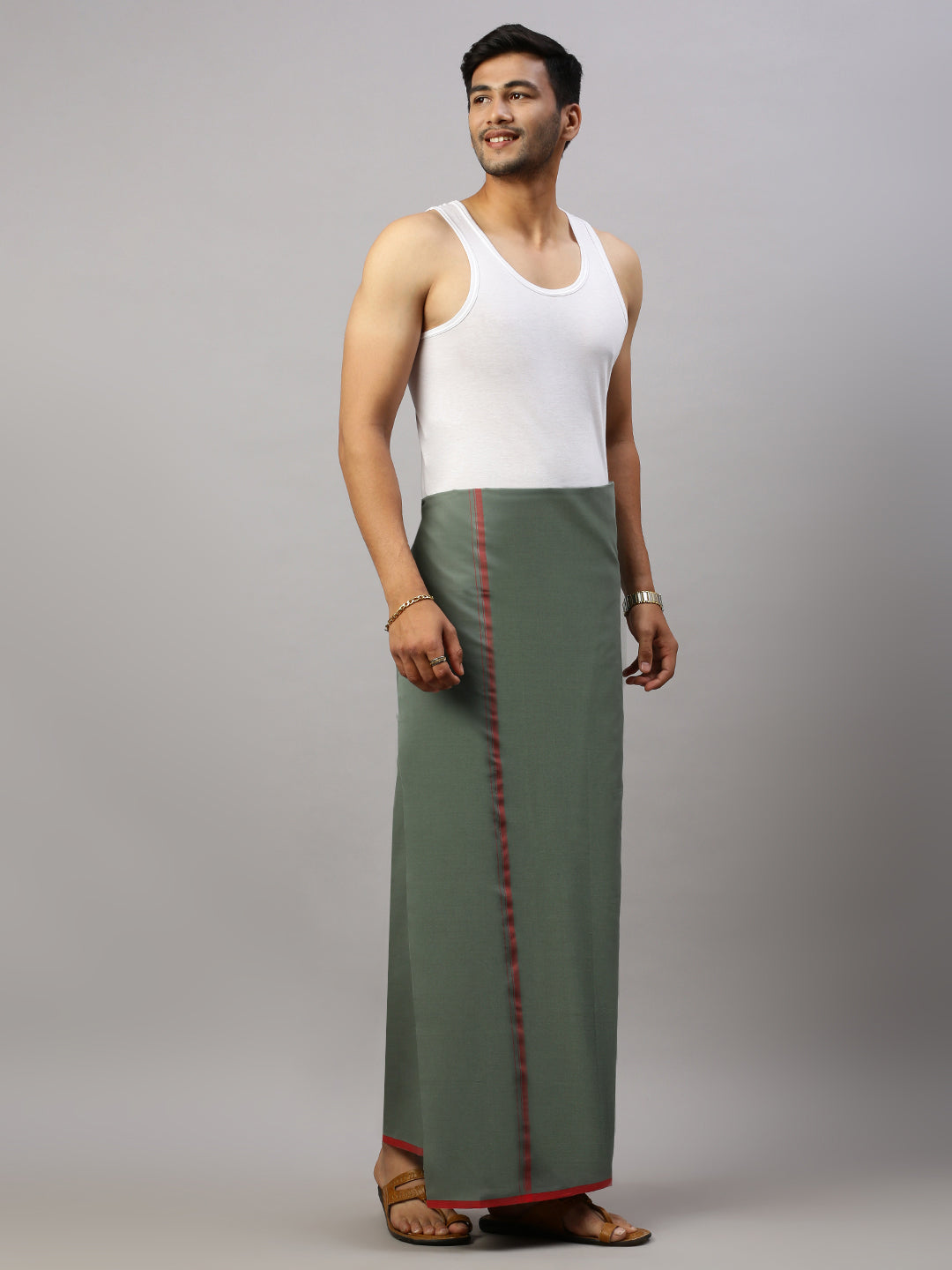 Men Cotton Blend Single Layer Green Dhoti with Assorted Border Enrich Colour 5