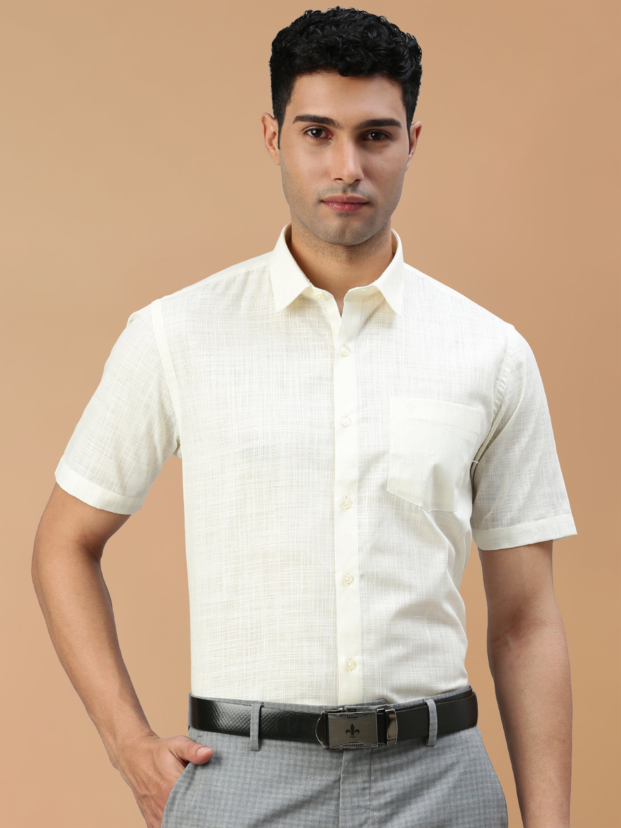 Cotton Rich Self Design Cream Regular Fit Shirt Celebrity