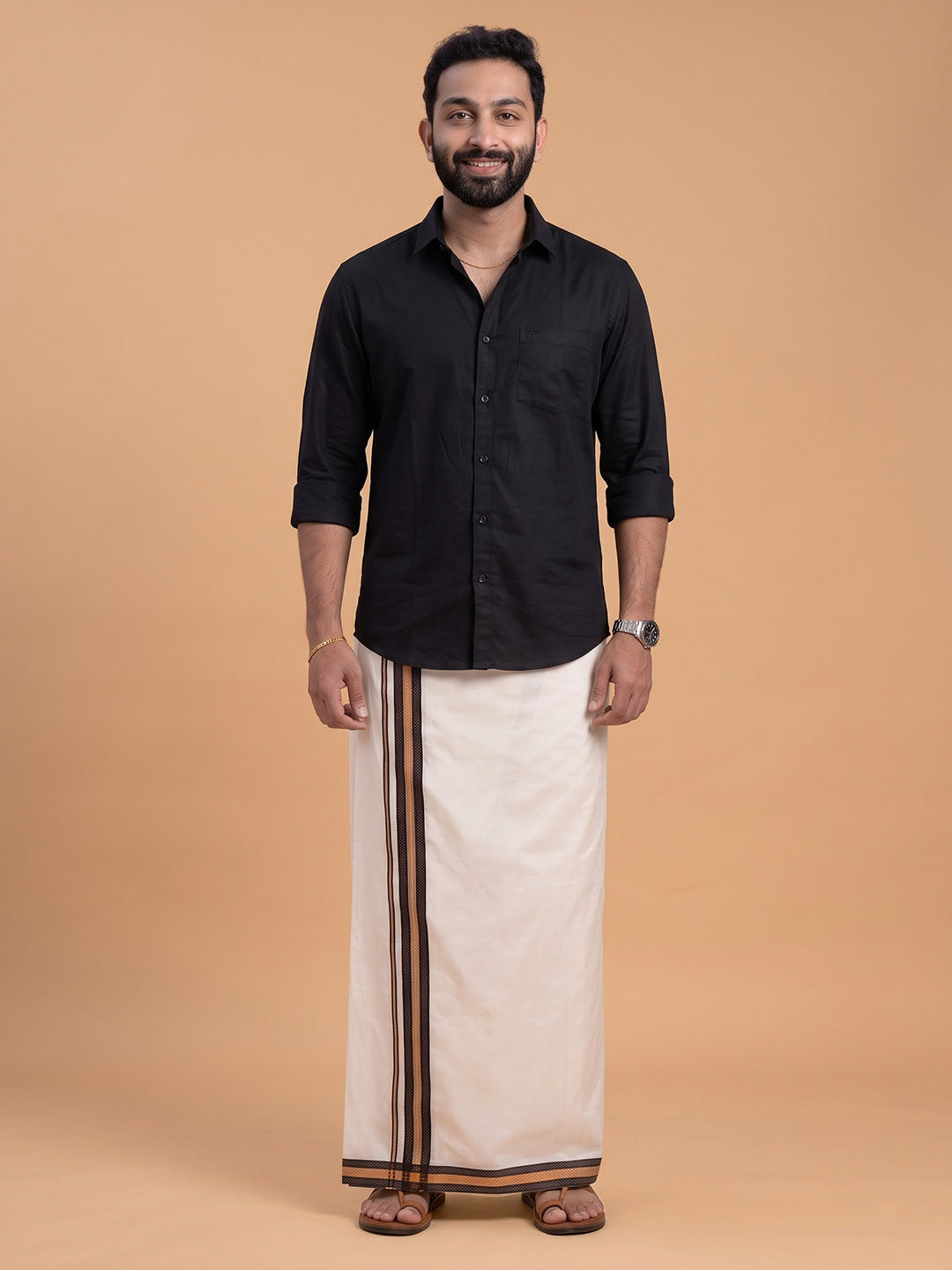 Double Layer 100% Cotton Cream Kora Dhoti with Colour Jari Border - RKF02