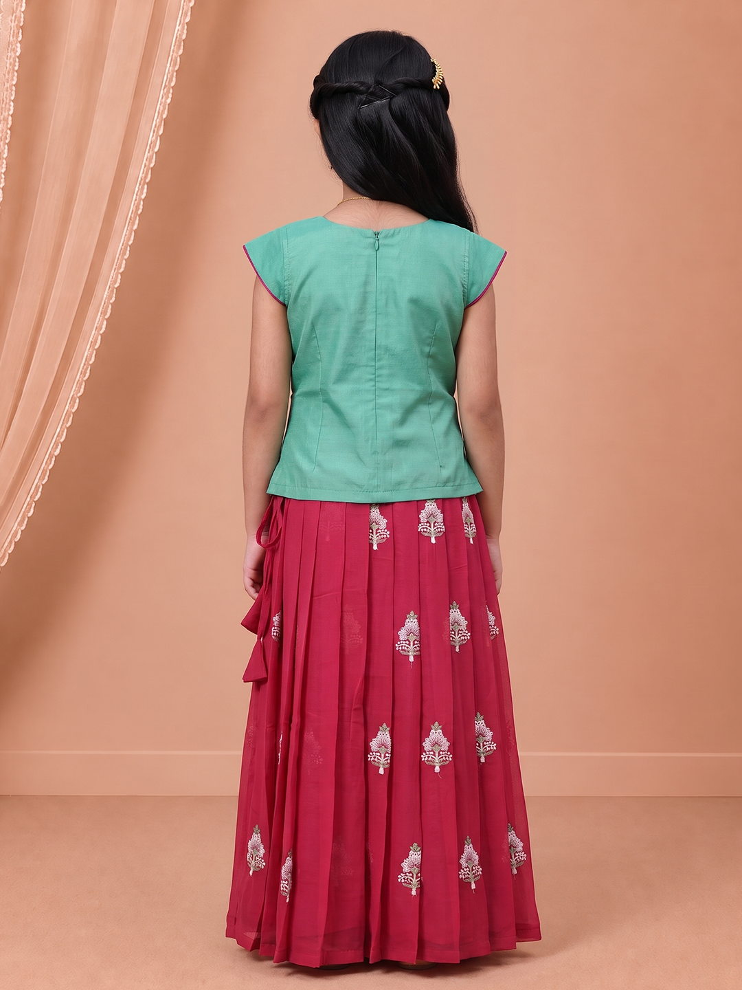 Girls Art Silk Green with Pink Pattu Pavadai Set GPS80