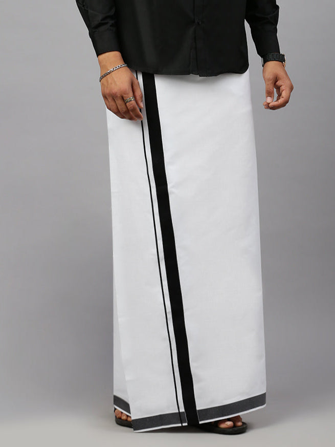 Men Cotton Blend Single Layer White Dhoti with Big Border WS