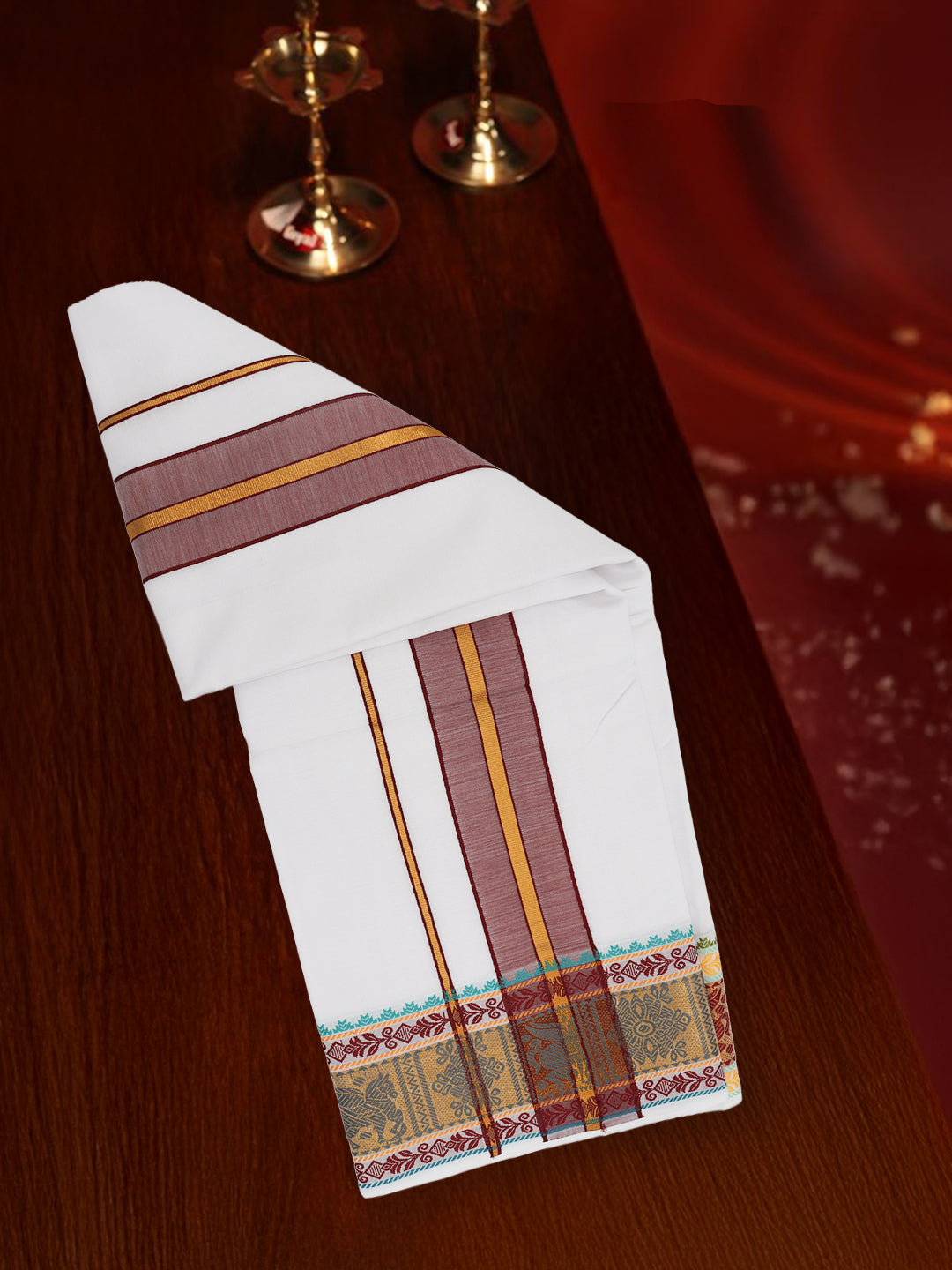 Men Cotton Brown Fancy Border Panchakacham with Angavasthram Vishvadeva (9+5) VD01