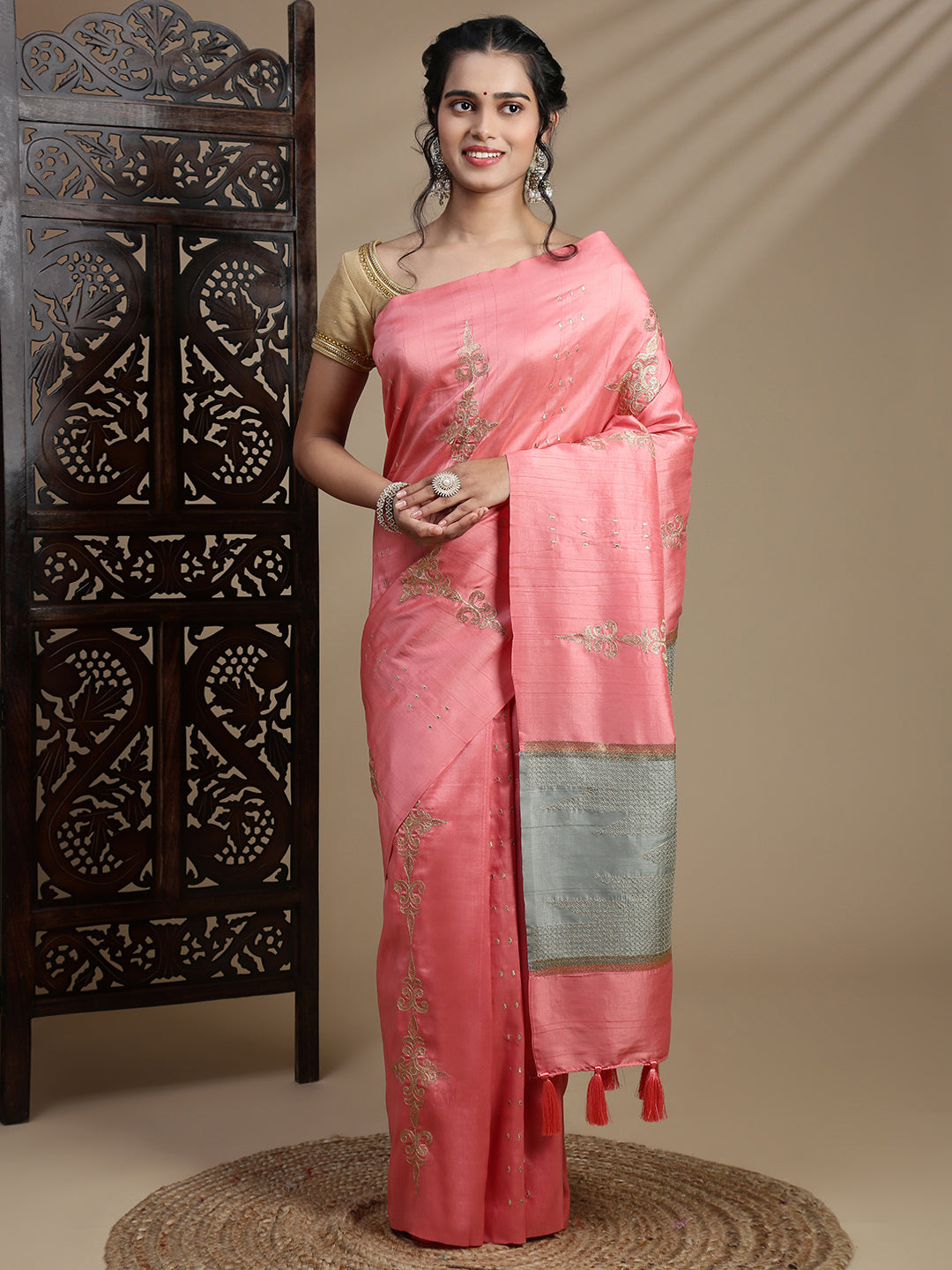 Women Pink Semi Tussar Embroidered Saree ST314