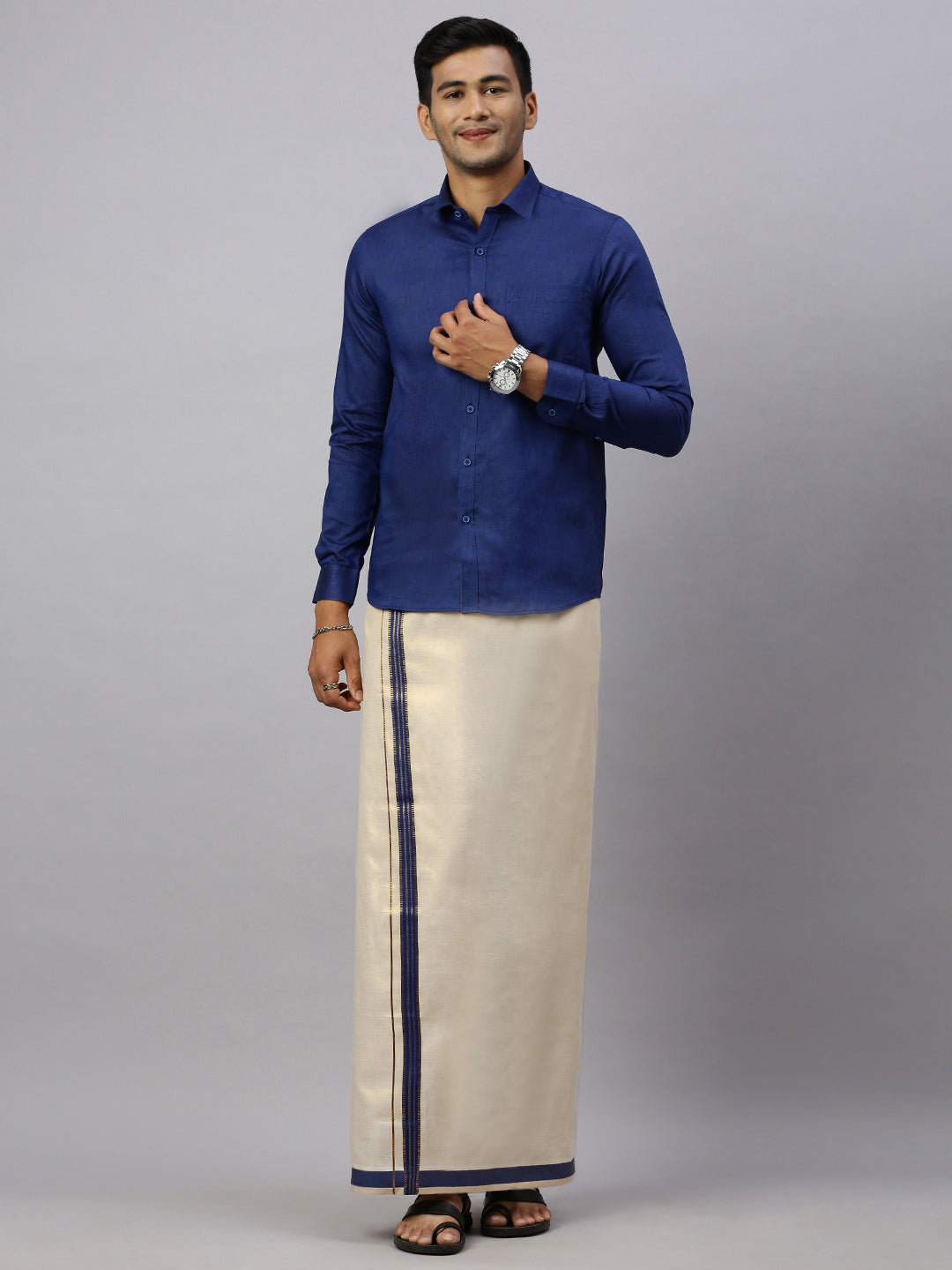 Mens Macho C.Blue Matching Border Dhoti With Full & Half Sleeves Shirt Set CCB