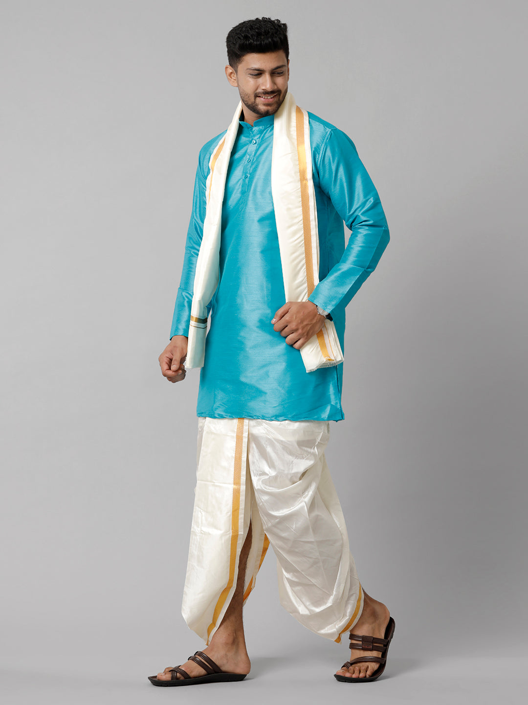 Mens Polyster Sky Blue Medium Length Kurta with Art Silk Panchakacham Towel Combo SL02-Side view
