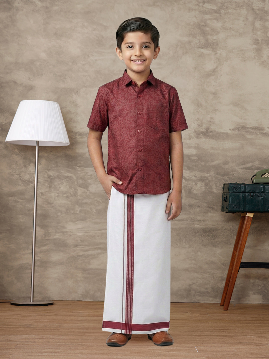 Boys Deep Red Matching Border Dhoti With Printed Shirt Set Fusion PS22