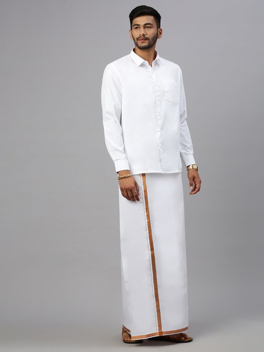 Men Cotton Blend Double Layer White Dhoti with 3/4" Copper Jari Border Mobility