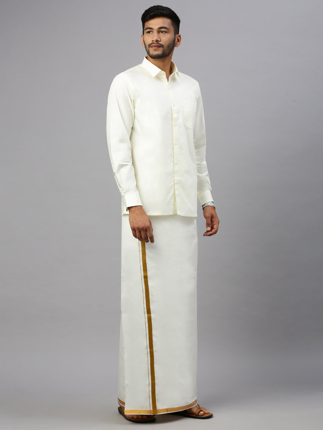Mens Cream Shirt with 1" Inch Gold Jari Border Double Layer Dhoti Combo