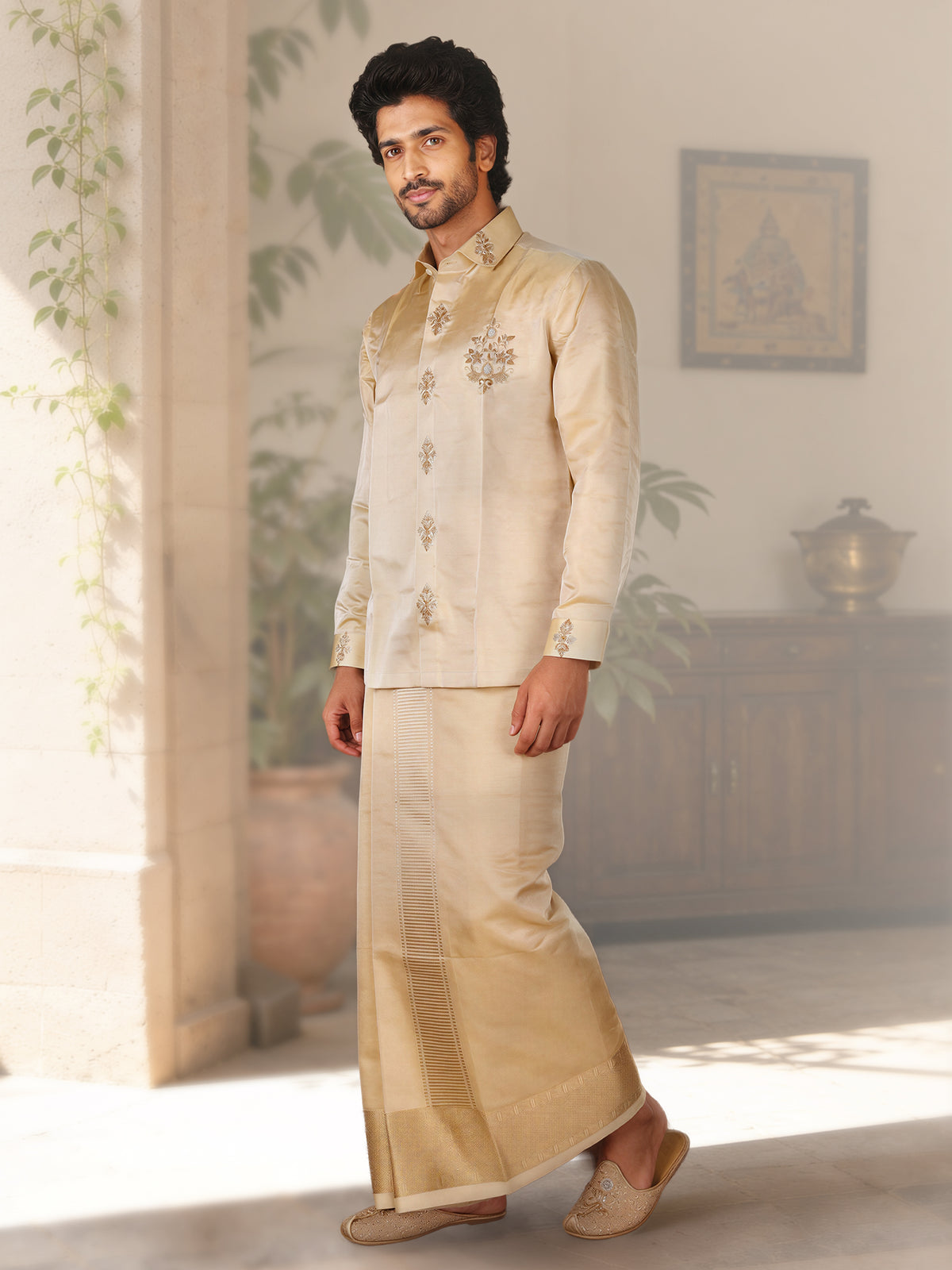 LAGNAA Premium Pure Tussar Silk Hand Embroidered Designer Shirt & Dhoti Set with Royal Butta Detailing Signature Chest Emblem Jari | Rajarudhran