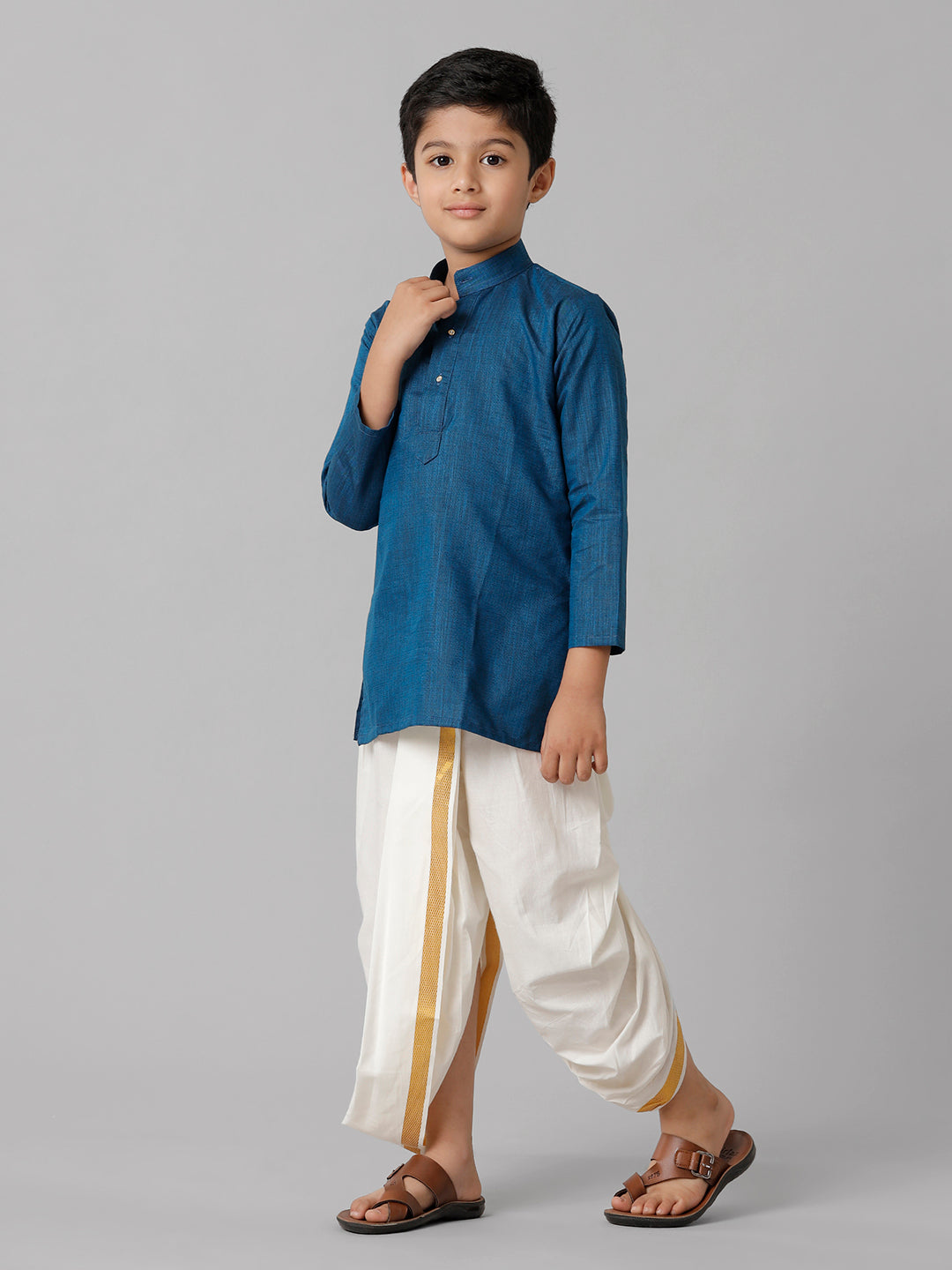 Boys Cotton Navy Kurta with Cream Elastic Panchakacham Combo FS8-Side view