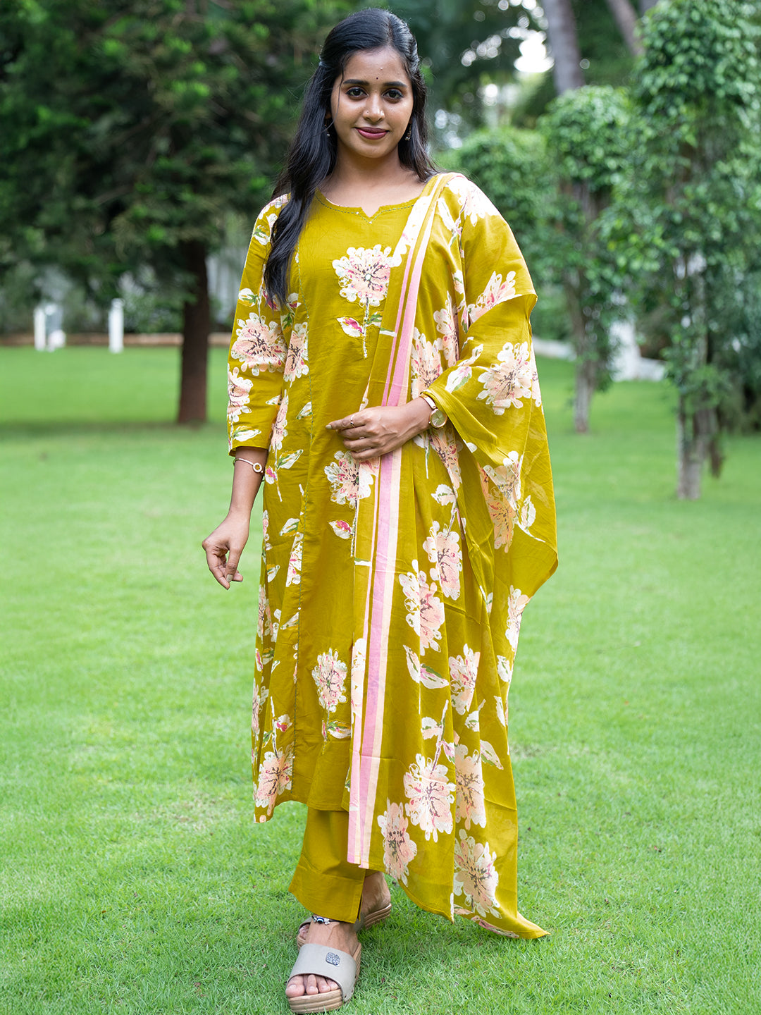 Women Pure Cotton Embroidered Mustard Kurti with Pant & Dupatta Set EKS111