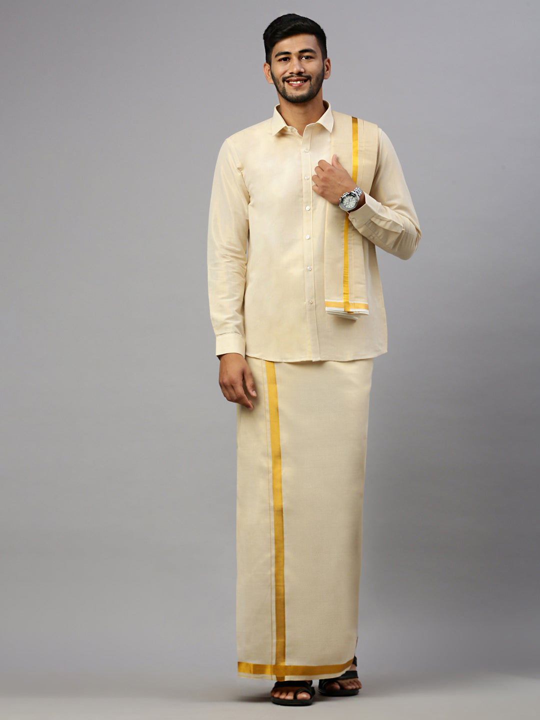 Men Tissue Gold Full Sleeve Shirt Jari Dhoti & Towel Set