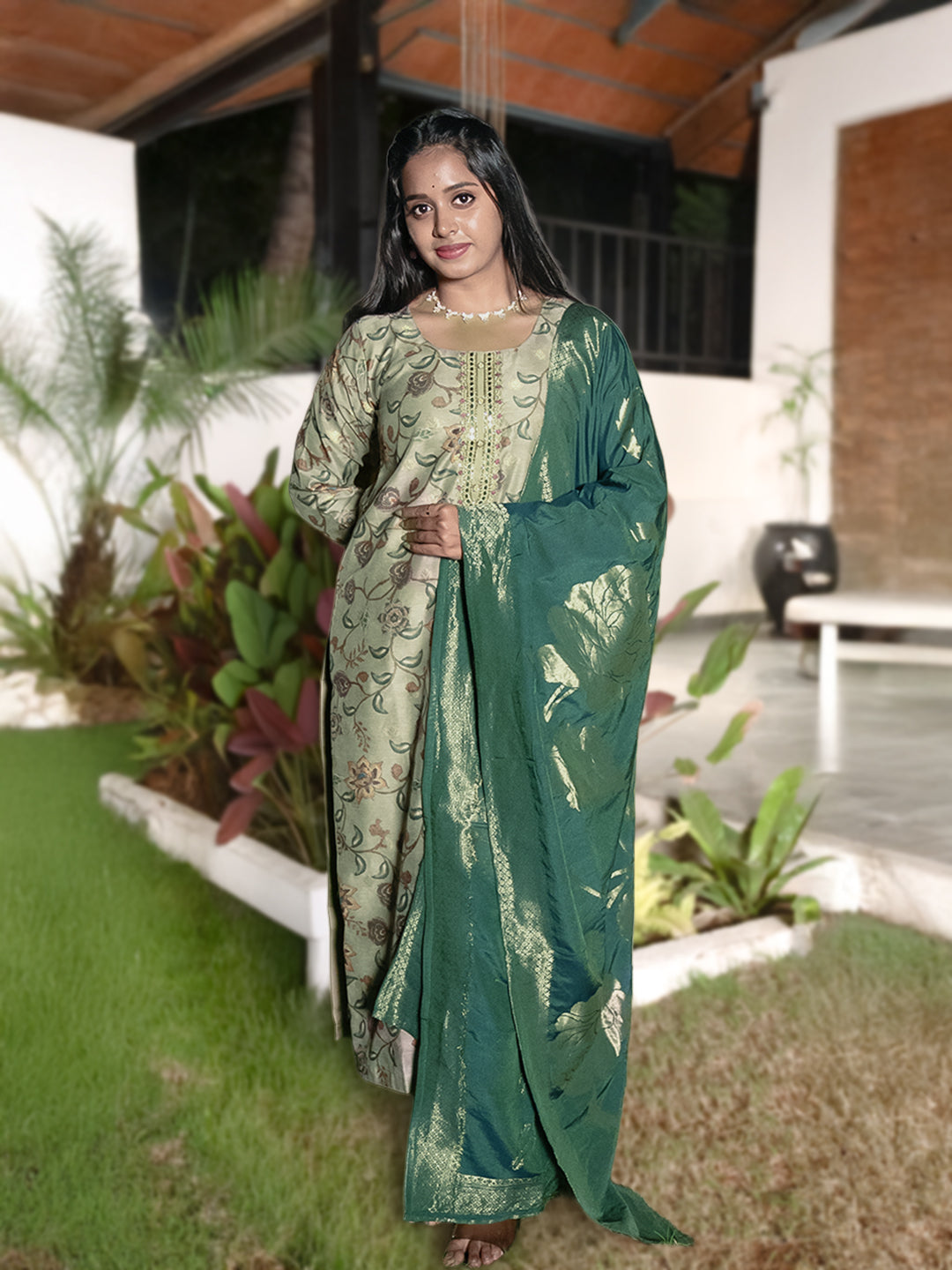 Women Green MM Silk Printed Kurti Set EKS120