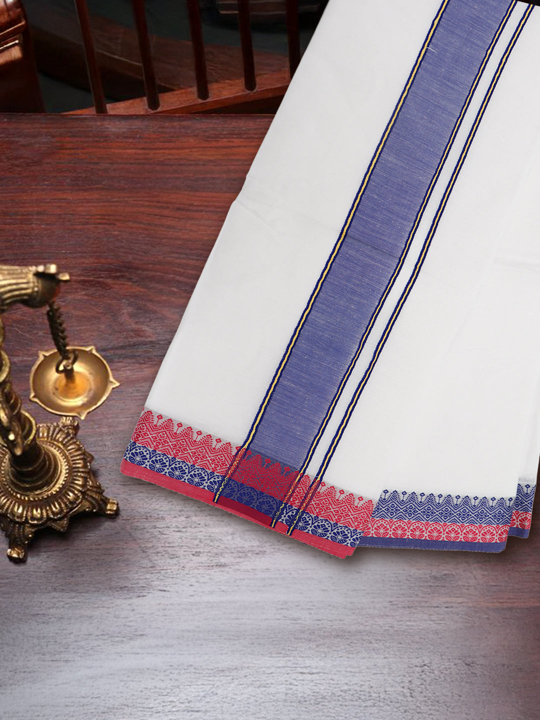 Men Cotton Navy Fancy Border Panchakacham with Angavasthram Keerthisena (9+5) KS04