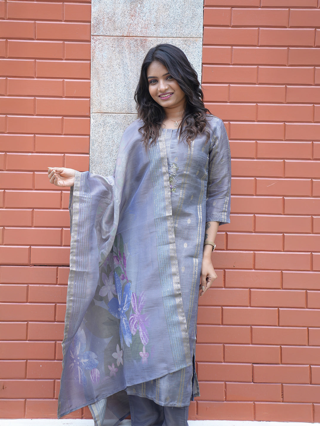 Women Violet Tissue Printed Kurti Set EKS127