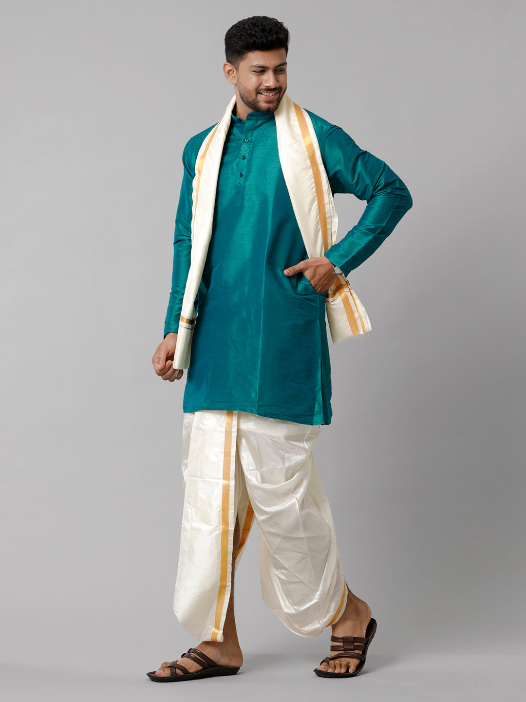 Mens Polyster Dark Green Medium Length Kurta with Art Silk Panchakacham Towel Combo SL04-Side view