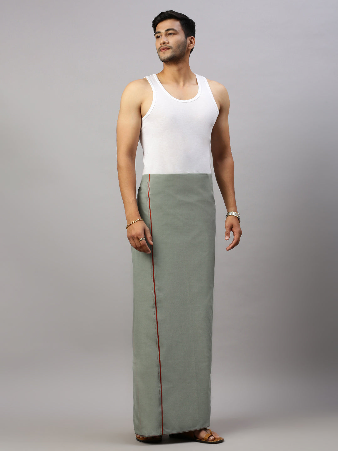 Men Cotton Blend Single Layer Cement Dhoti with Assorted Border Bhakta