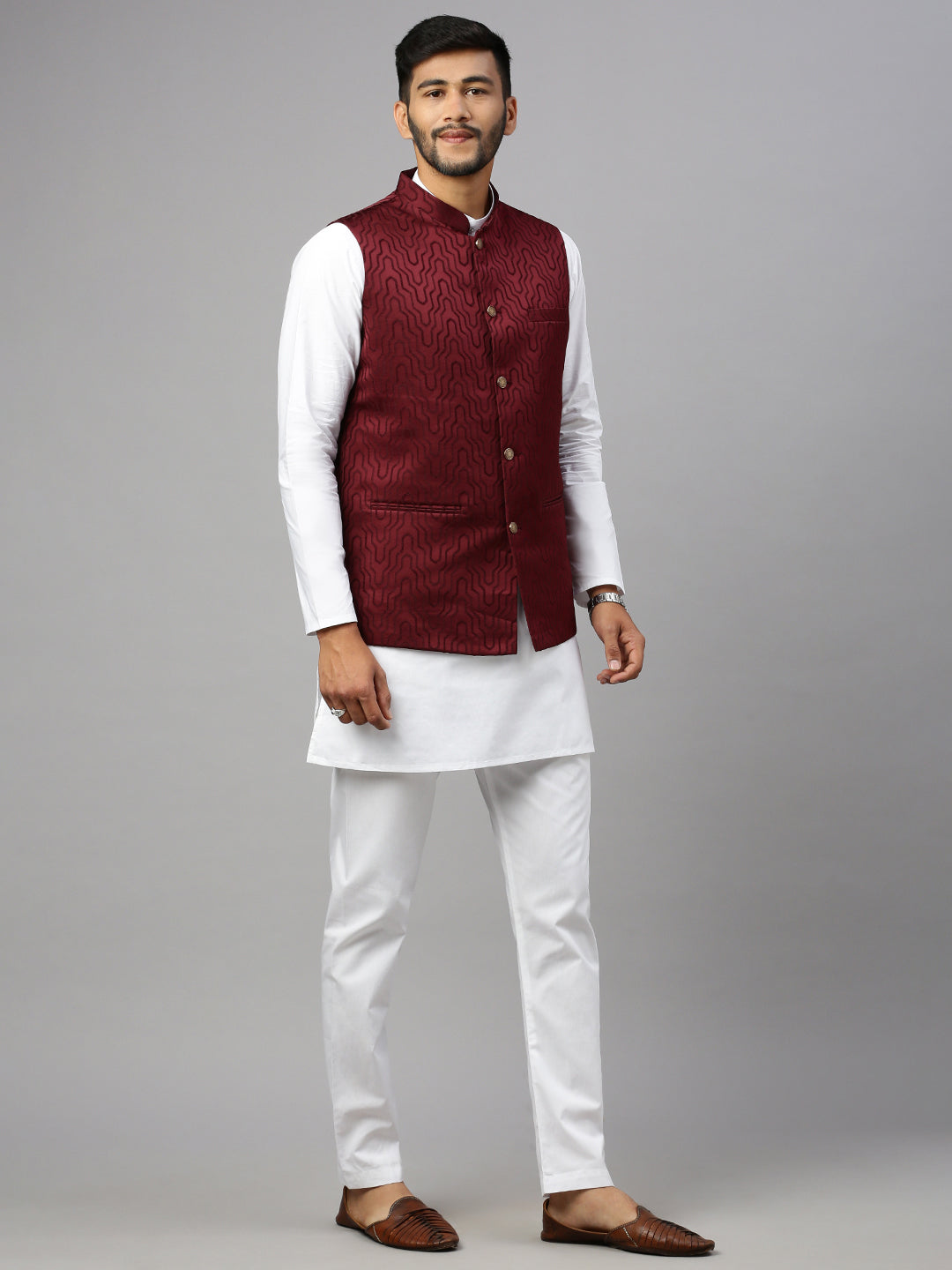 Men Printed Ethnic Jacket Dark Red JC4