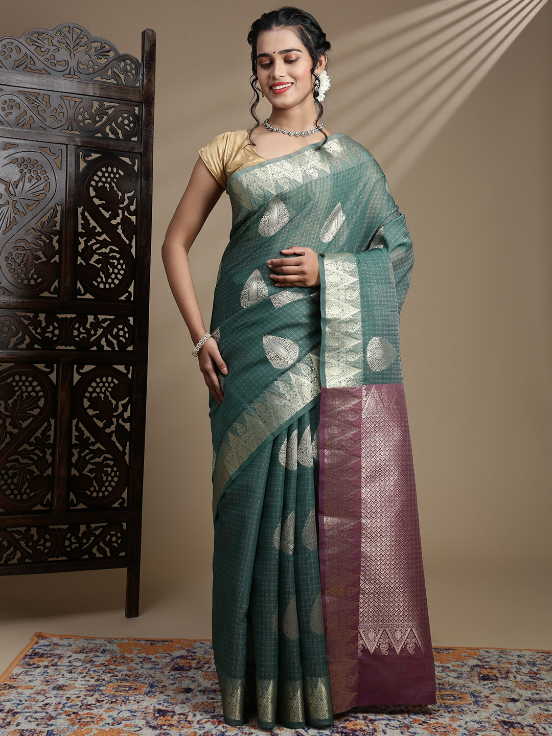 Women Semi Kora Cotton Dark Green Saree SK122
