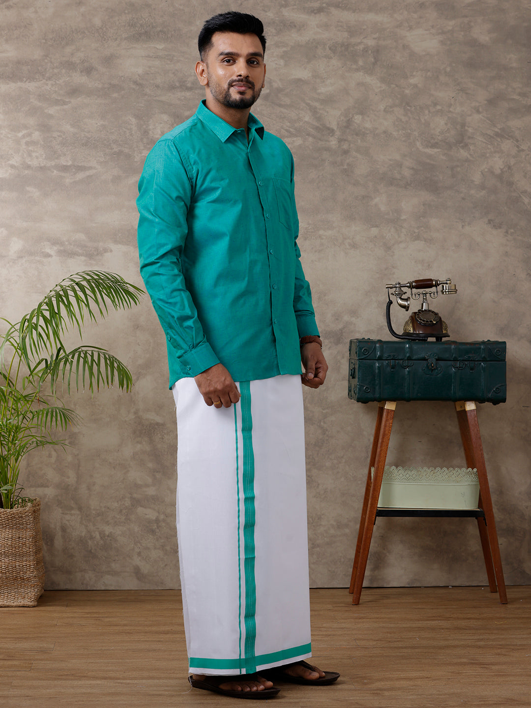 Men Matching Border Dhoti & Shirt Set Full Green C36
