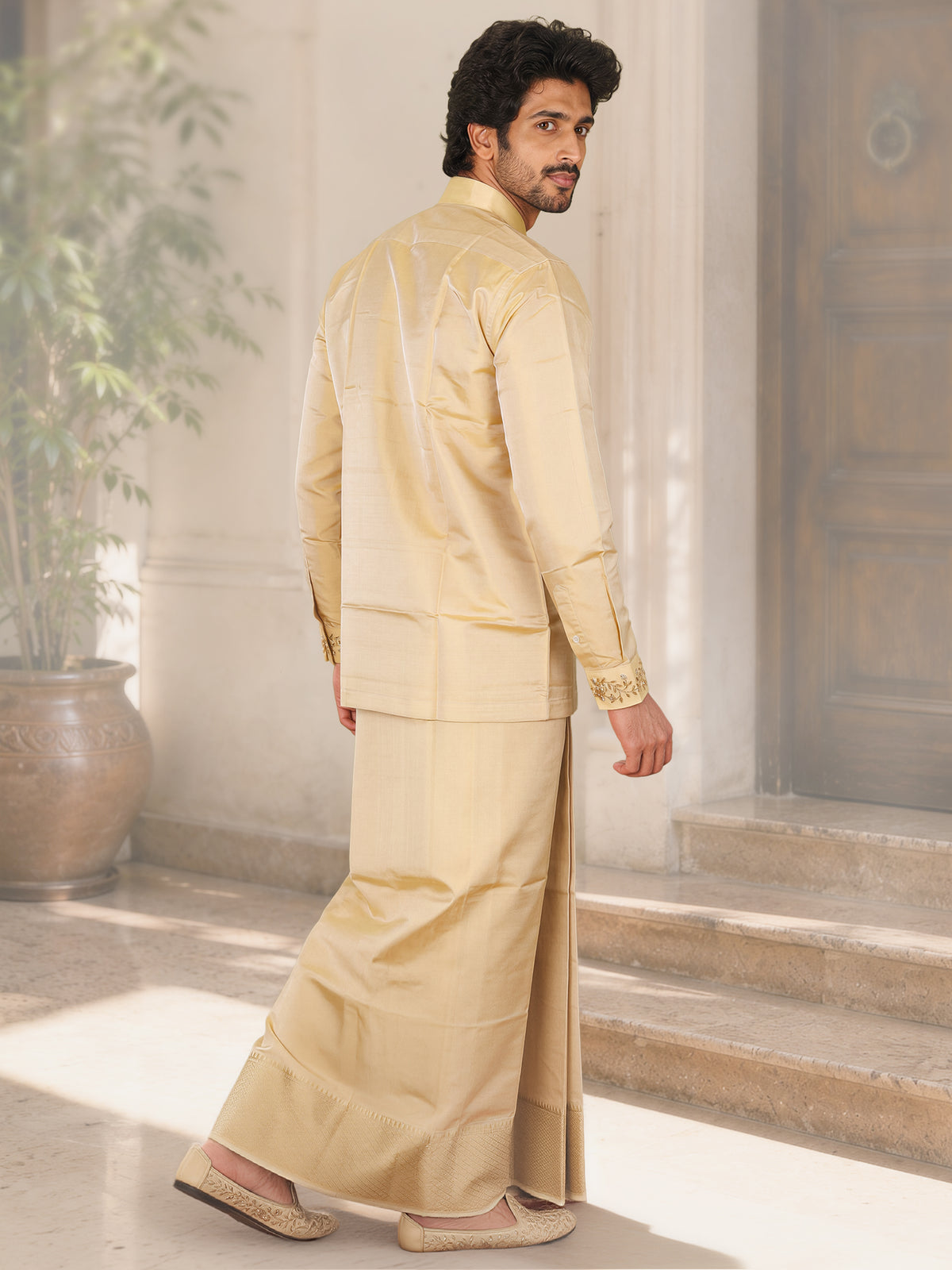 LAGNAA Premium Pure Tussar Silk Hand Embroidered Grand Floral & Leaf Chest Motif Designer Shirt & Dhoti Set | Kanakastra