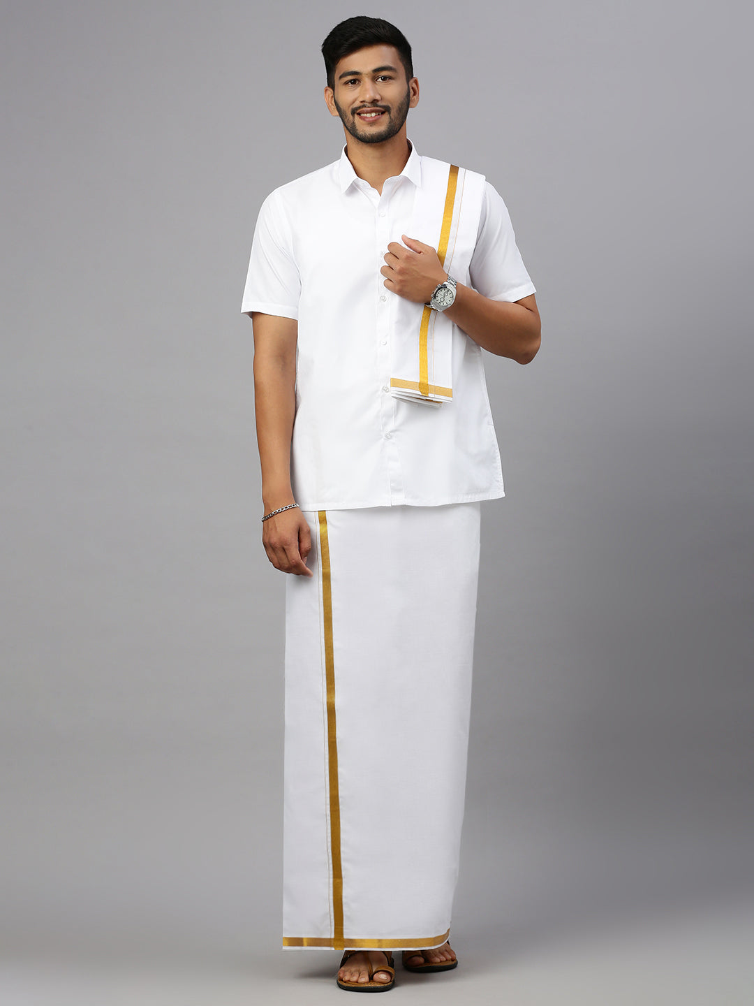 Men 100% Cotton Double Layer White Dhoti &Towel Set with 1/2" Inch Gold Jari Border Kalasadan