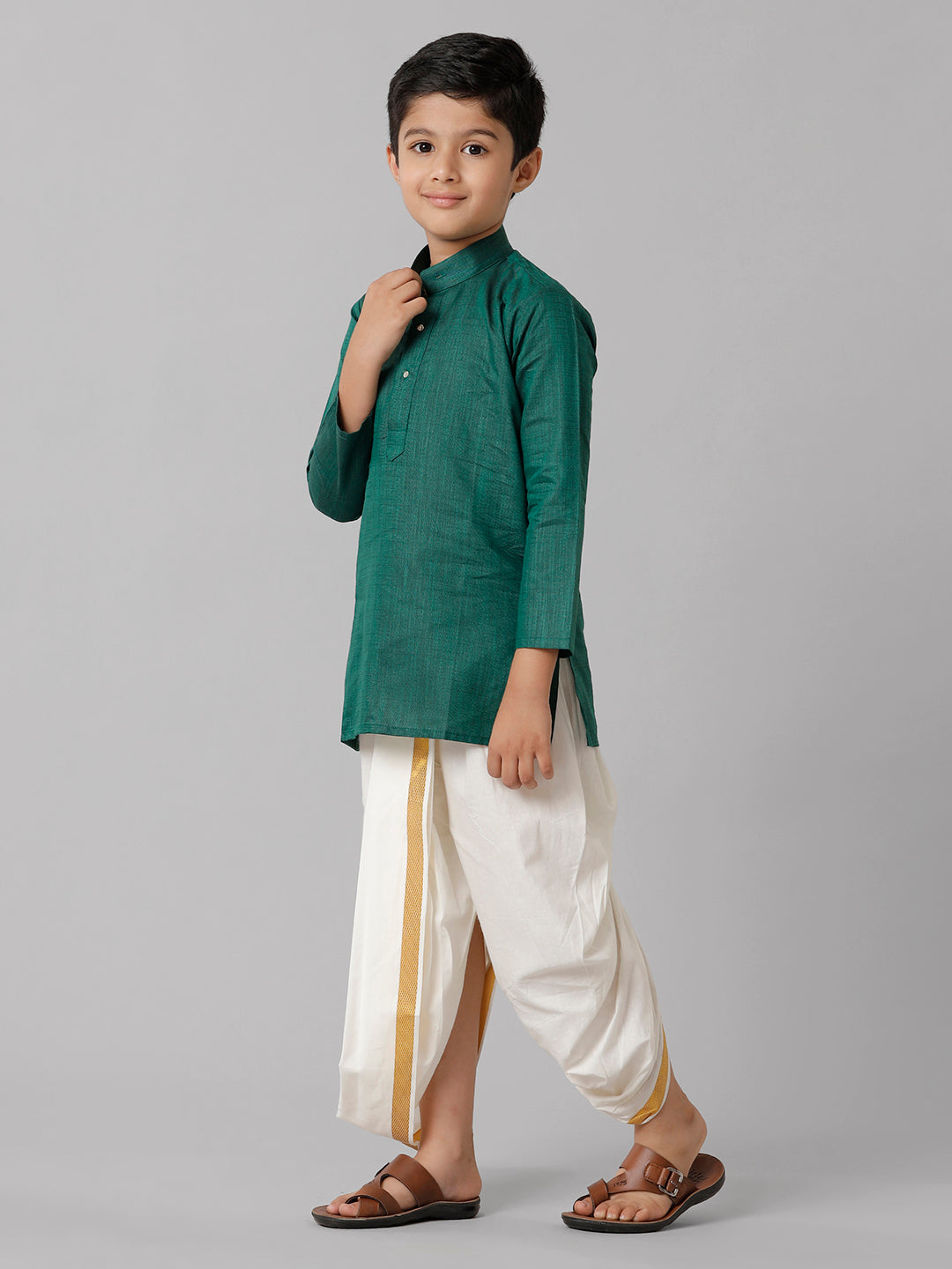 Boys Cotton Dark Green Kurta with Cream Elastic Panchakacham Combo FS5-Side view