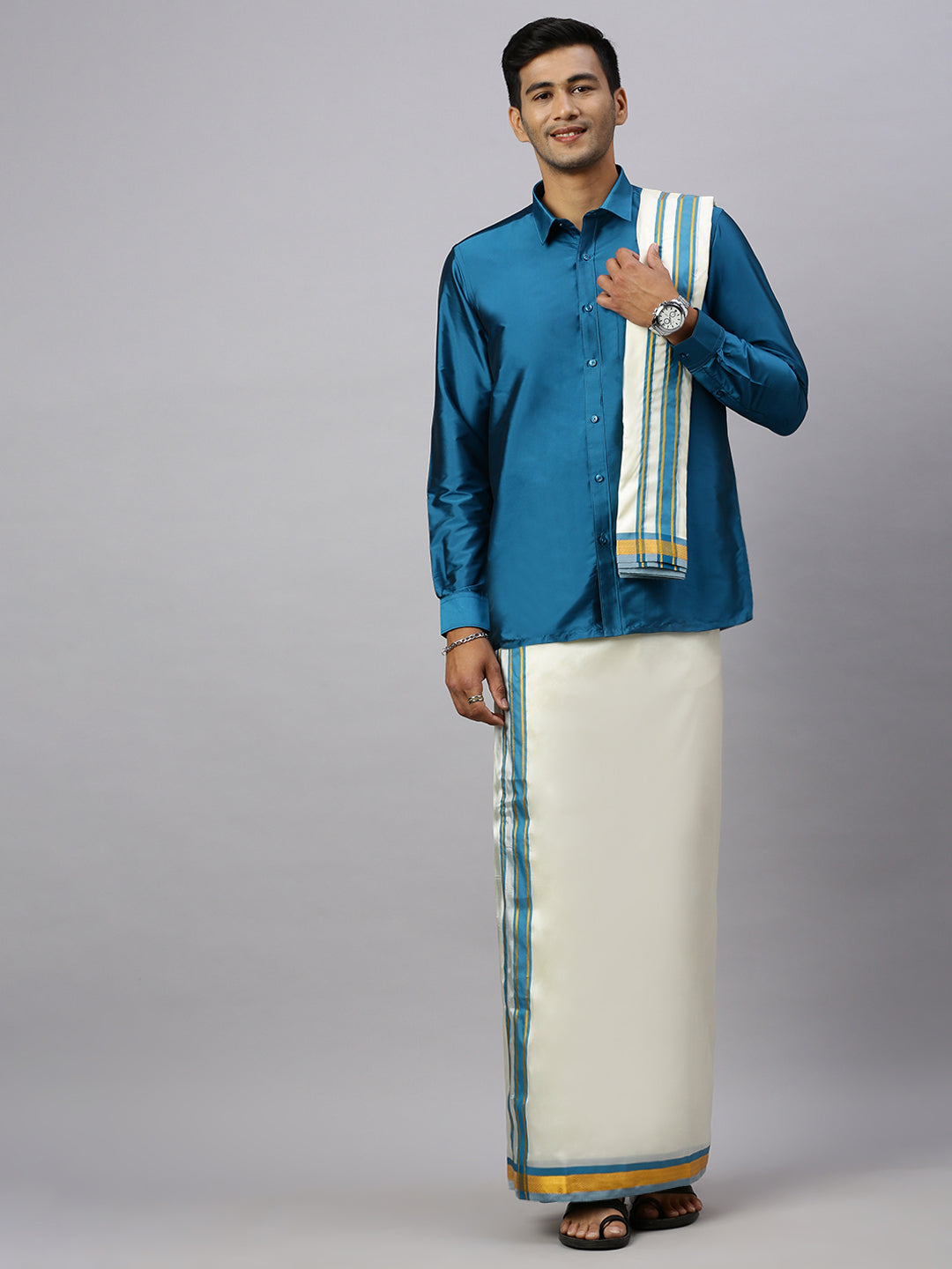 Men Full Sleeves Ramar Blue Shirt with Matching Border Cream Dhoti & Towel Set K1