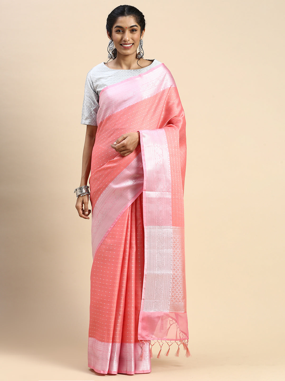 Semi Kora Cotton Allover Design Saree Pink with Silver Zari Border SKC02