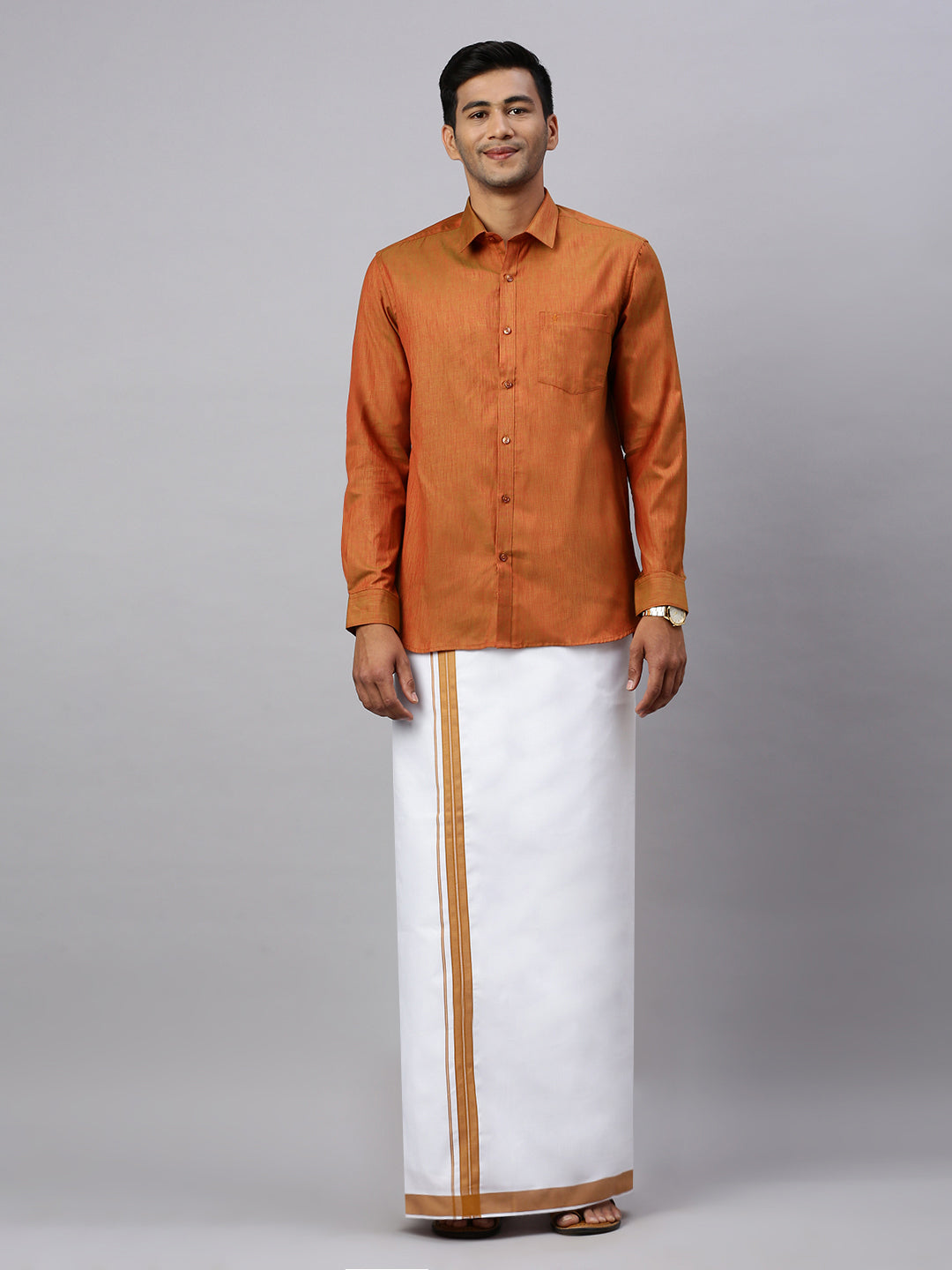 Men Brown Matching Border Dhoti & Full Sleeves Shirt Set CV3
