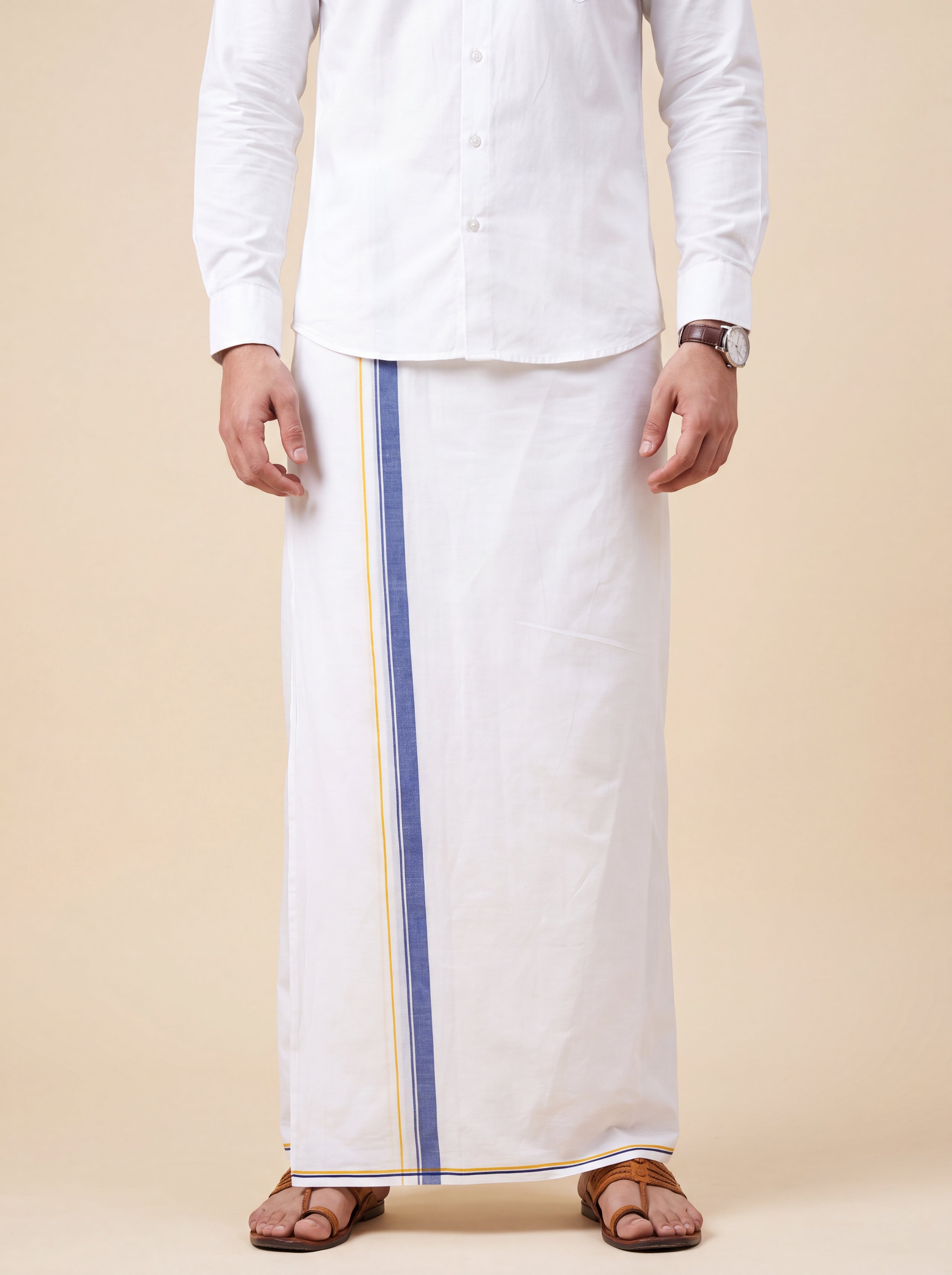 Men 100% Cotton Double Layer White Dhoti with Big Border Property PT02