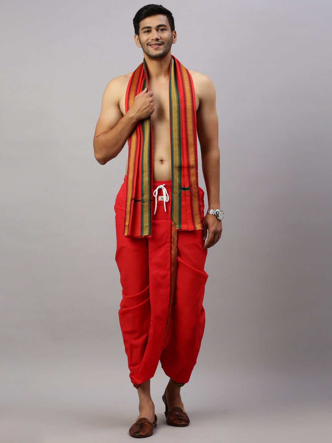 Men Readymade Panchakacham & Towel Set Red Naivedhya