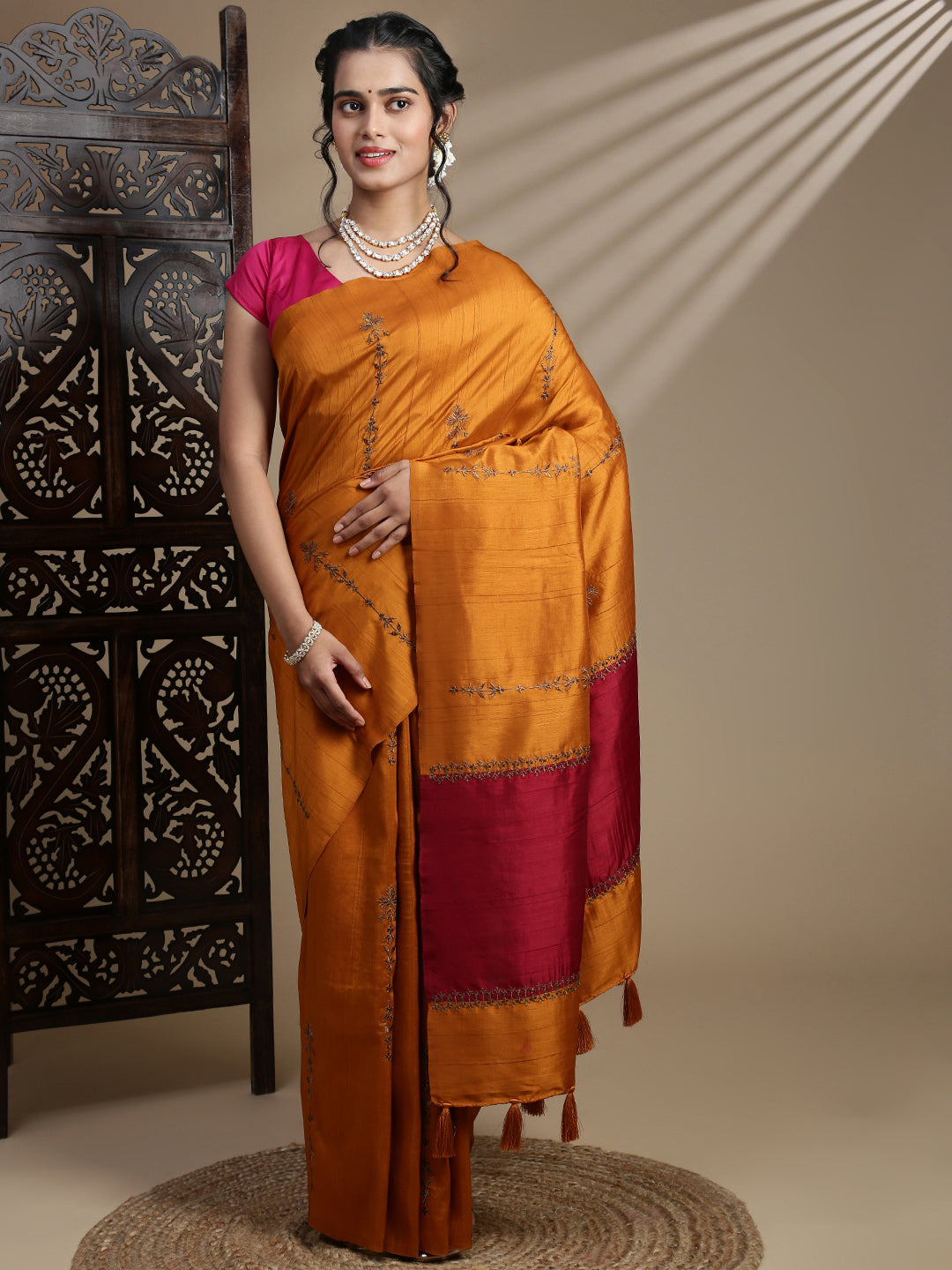 Women Orange Semi Tussar Embroidered Saree ST316