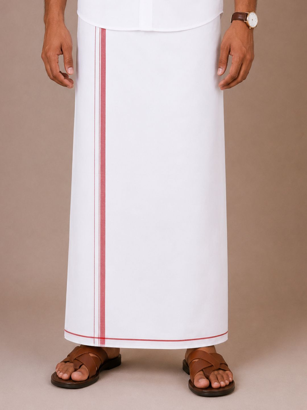 Men 100% Cotton Double Layer White Dhoti with Small Border Wisdom W02