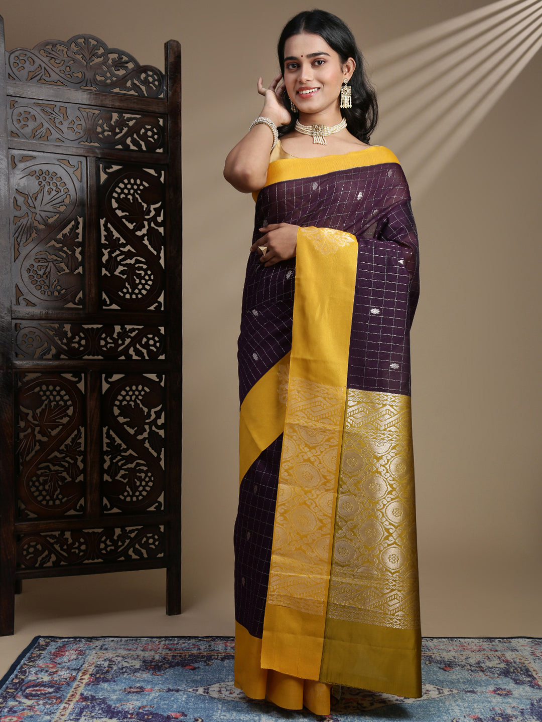 Women Kora Cotton Dark Purple Saree SK121