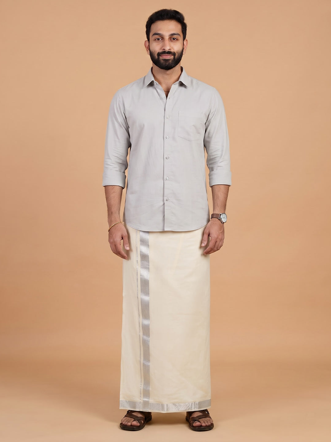 Double Layer 100% Cotton Cream Kora Dhoti with Fancy Jari Border - SJF02