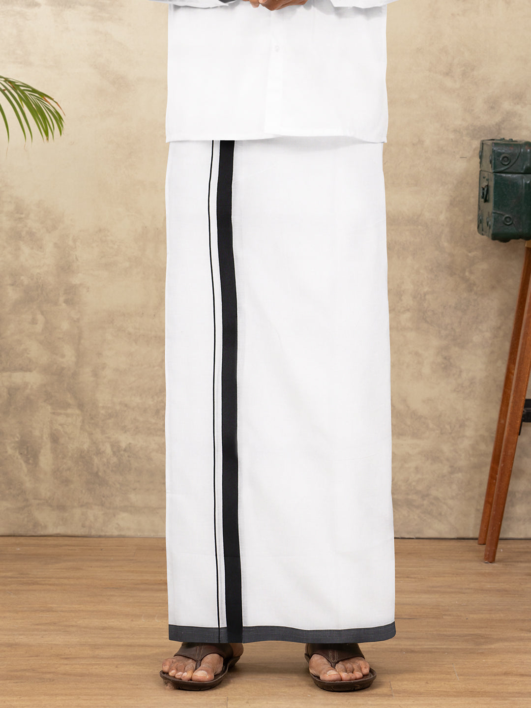 Men Cotton Blend Double Layer White Dhoti with Black Fancy Border Ricky Spl