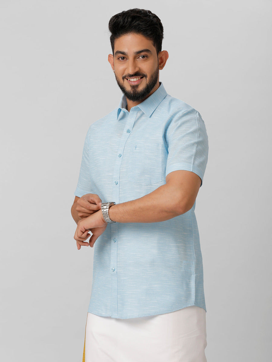 Mens Formal Small Checked Sky Blue Half Sleeves Cotton Shirt T13 CL7-Side view
